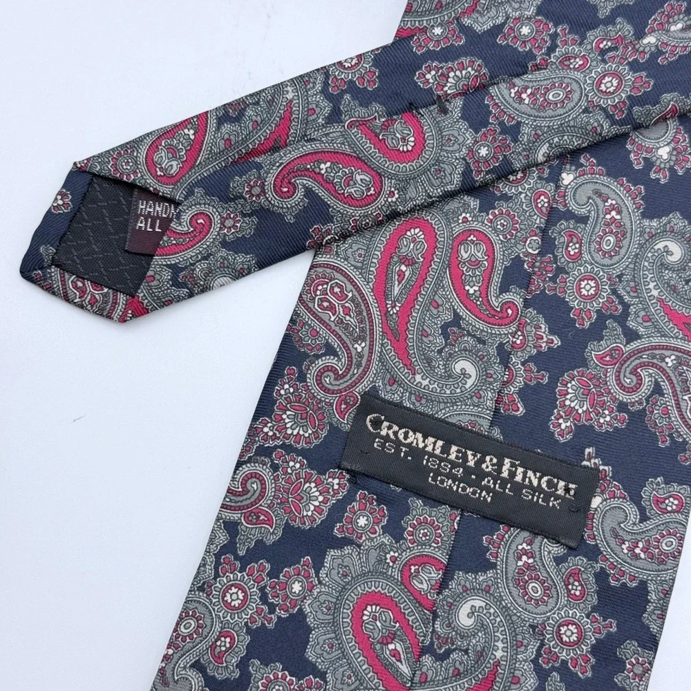 Cromley & Finch London Handmade All Silk Paisley Tie Navy‎ Blue Burgundy 4 Inch